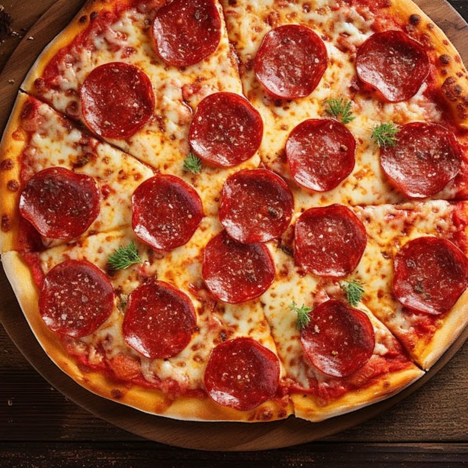 A freshly baked pepperoni pizza from The PIZZA Shop, sliced and ready to eat.