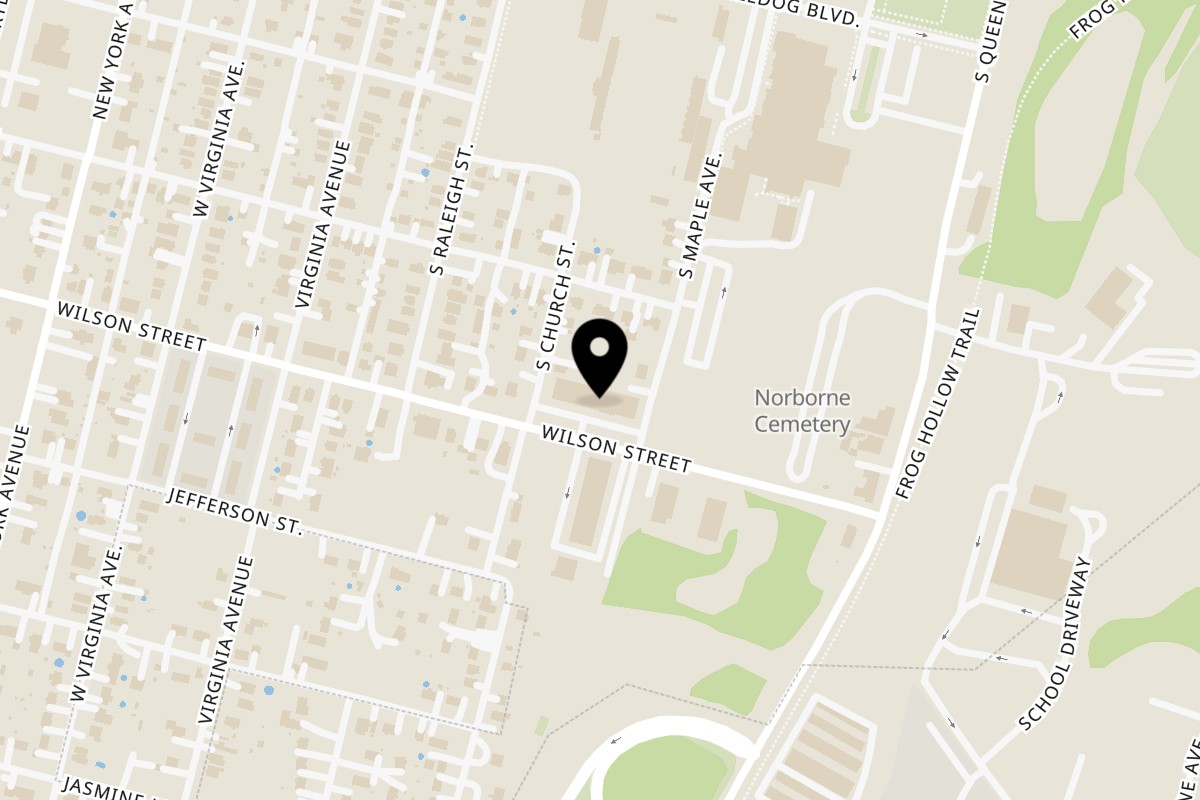 Map showing the location of The PIZZA Shop on 300 Wilson Street in Martinsburg